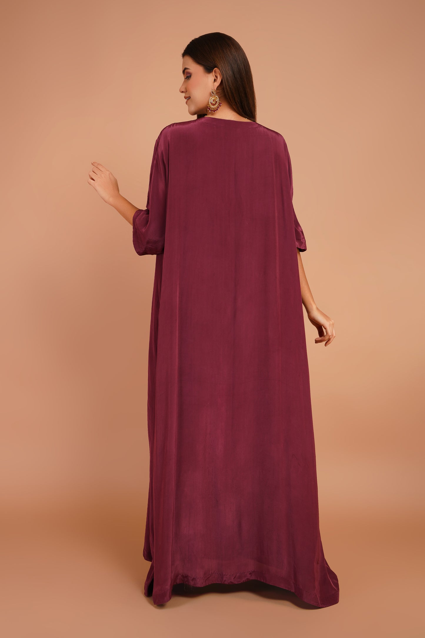 Berry Wine Neck Embroidered Kaftan