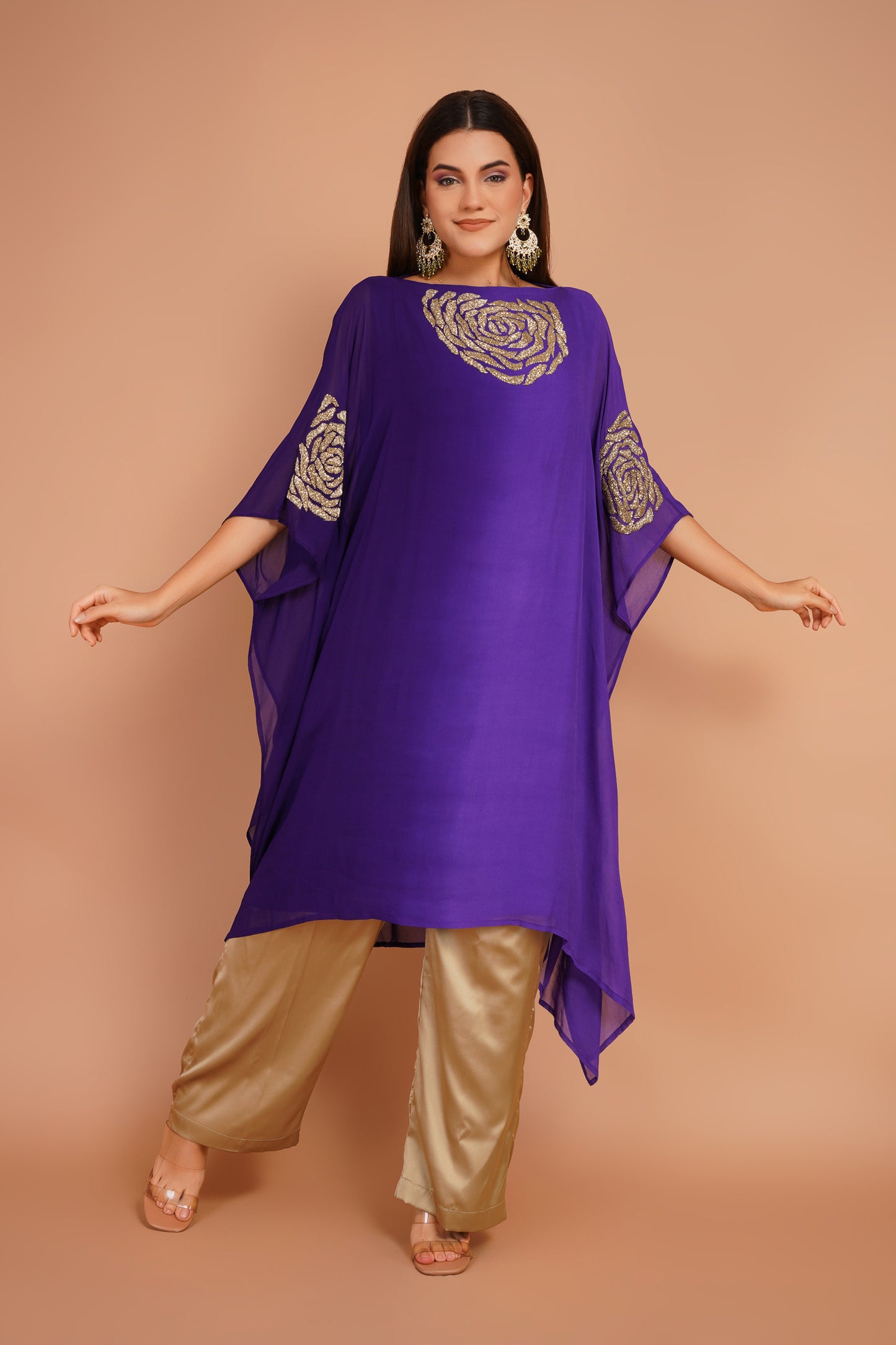 Purple Kaftan & Satin Pant Set