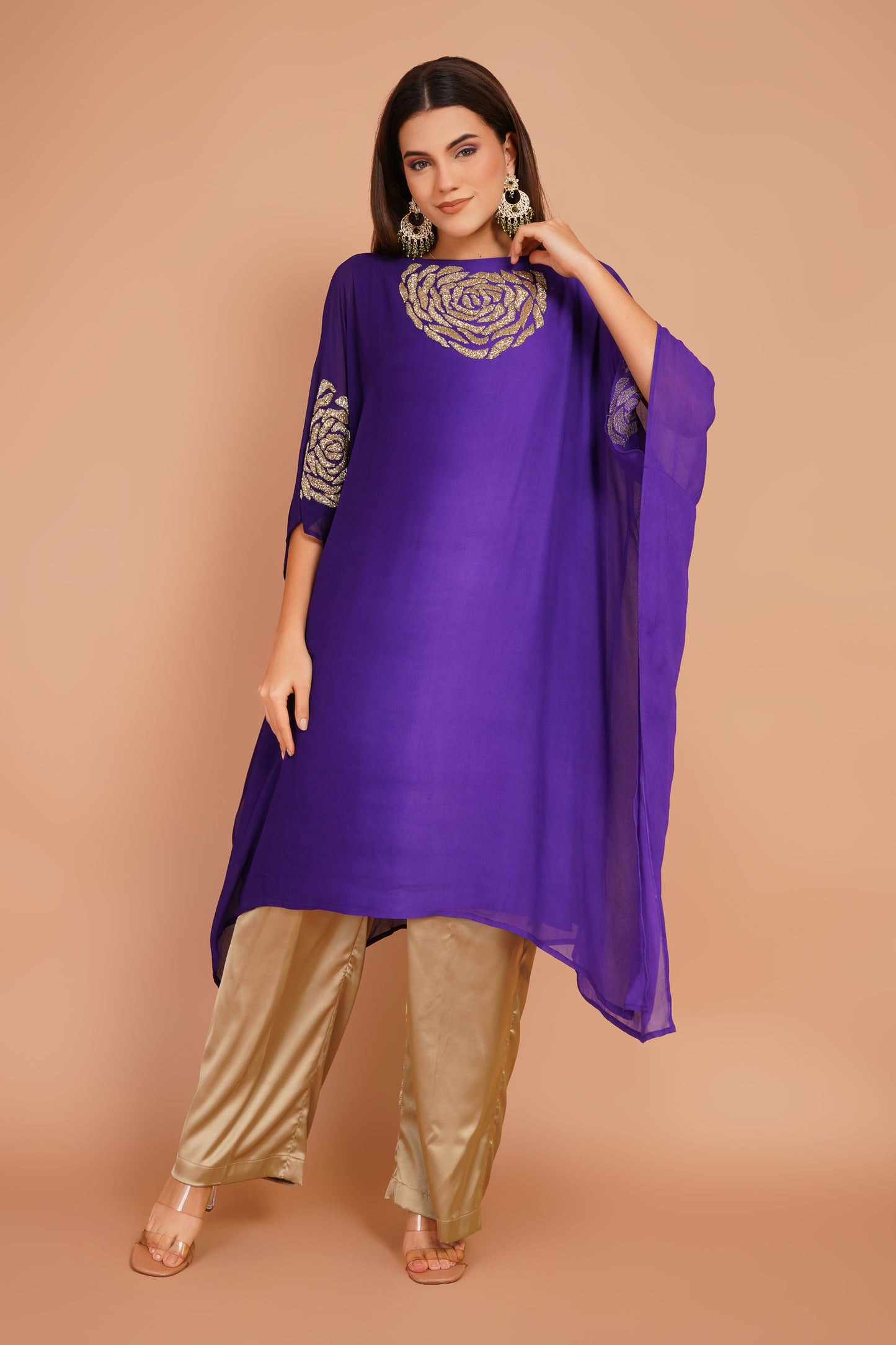 Purple Kaftan & Satin Pant Set