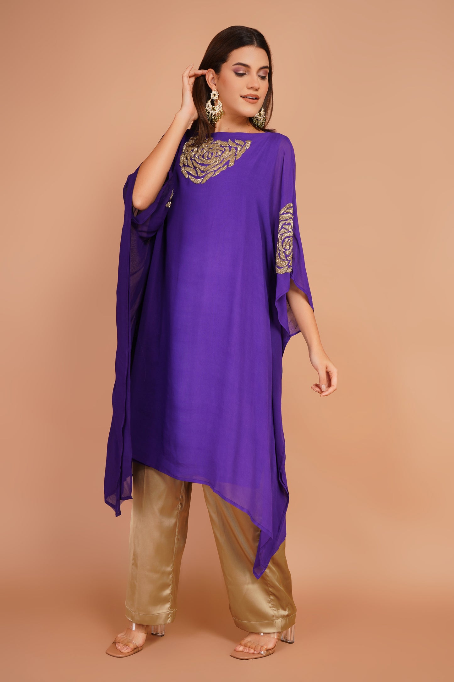 Purple Kaftan & Satin Pant Set
