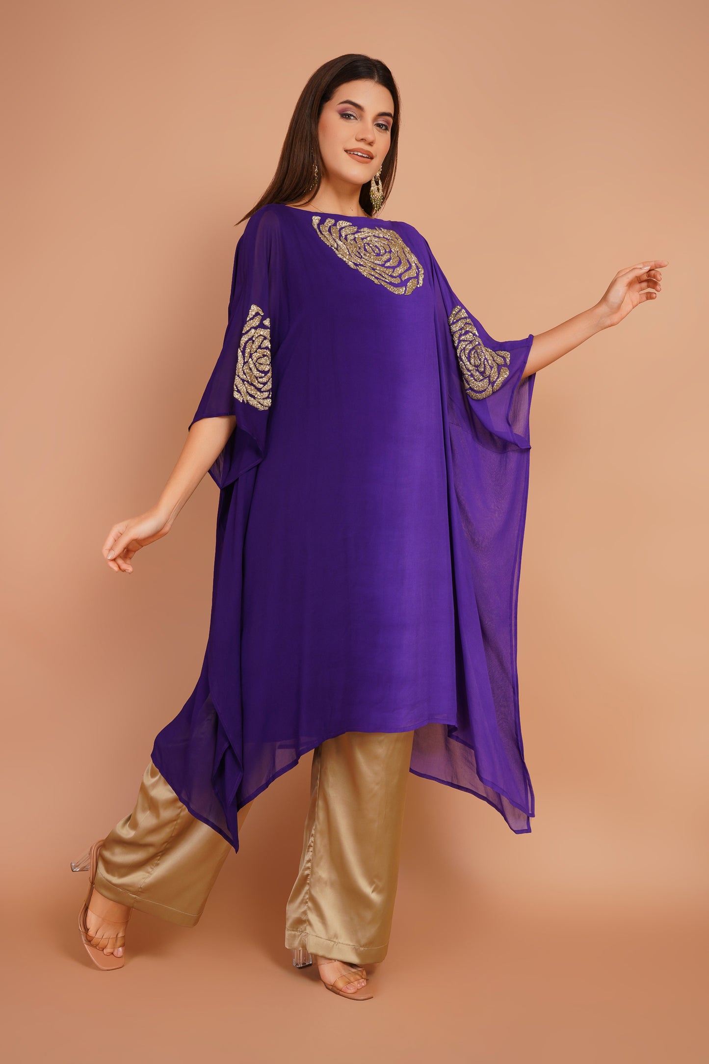Purple Kaftan & Satin Pant Set