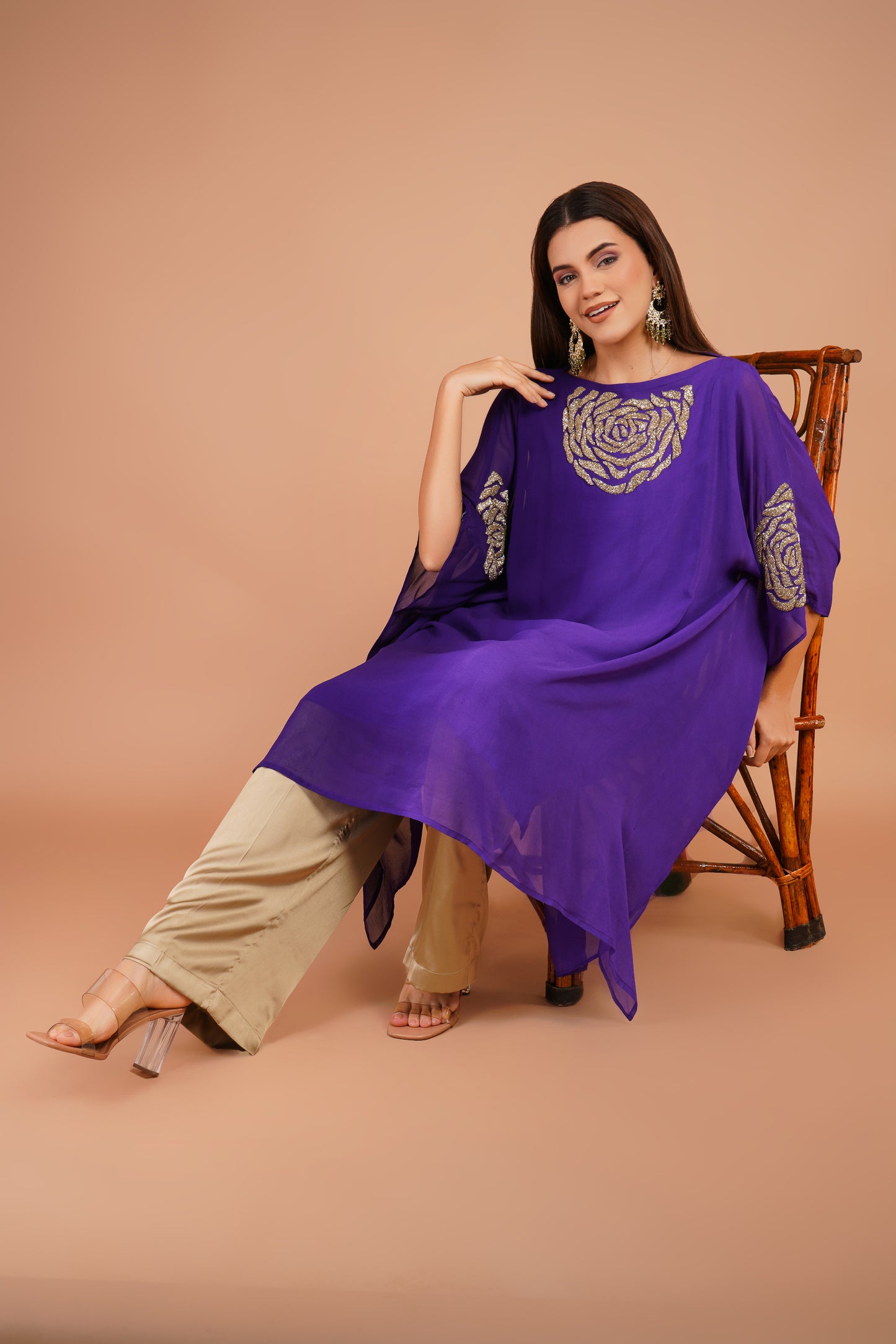 Purple Kaftan & Satin Pant Set