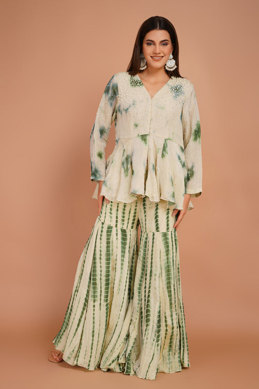 Ivory & Green Tie-Dye Peplum & Sharara Set