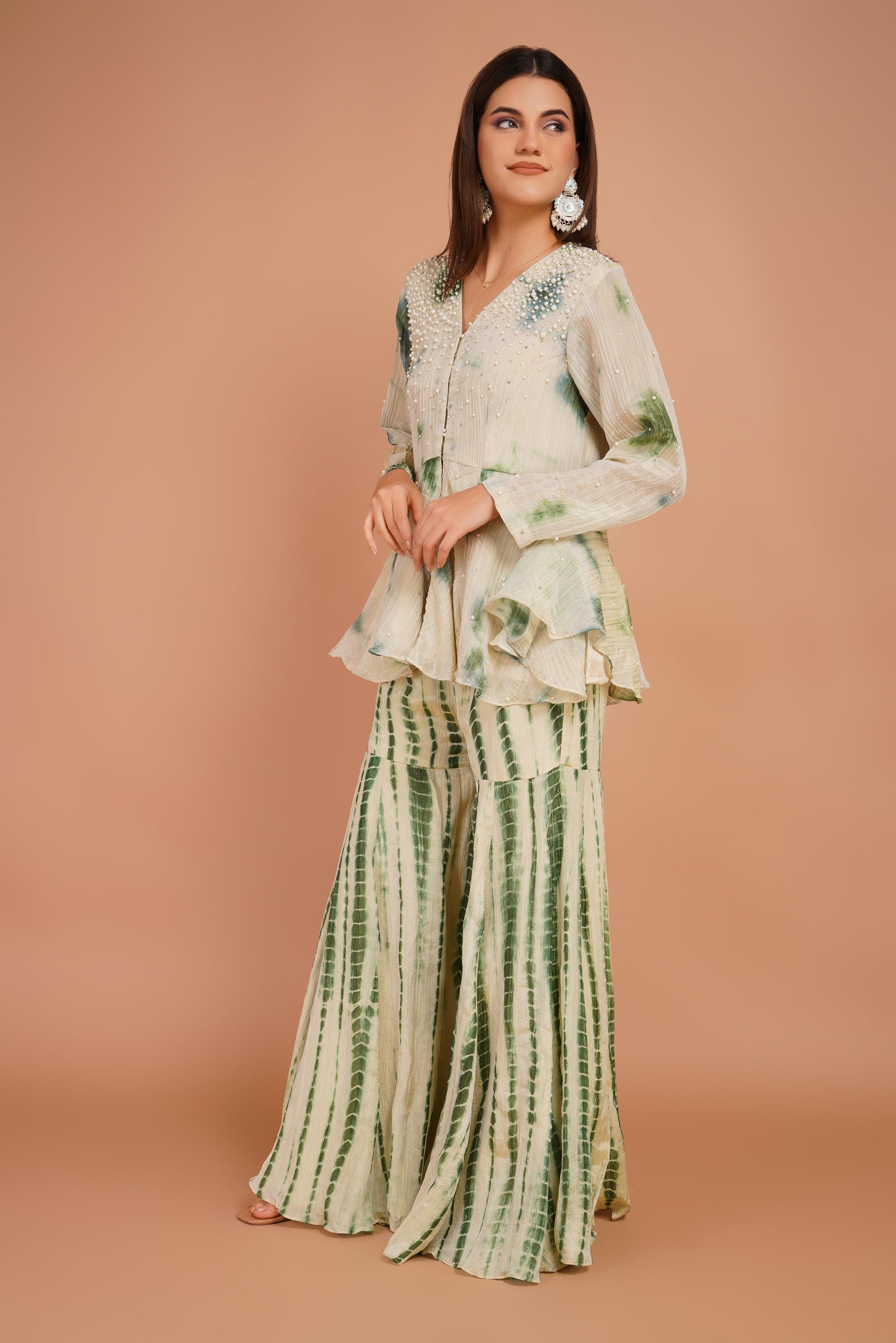 Ivory & Green Tie-Dye Peplum & Sharara Set