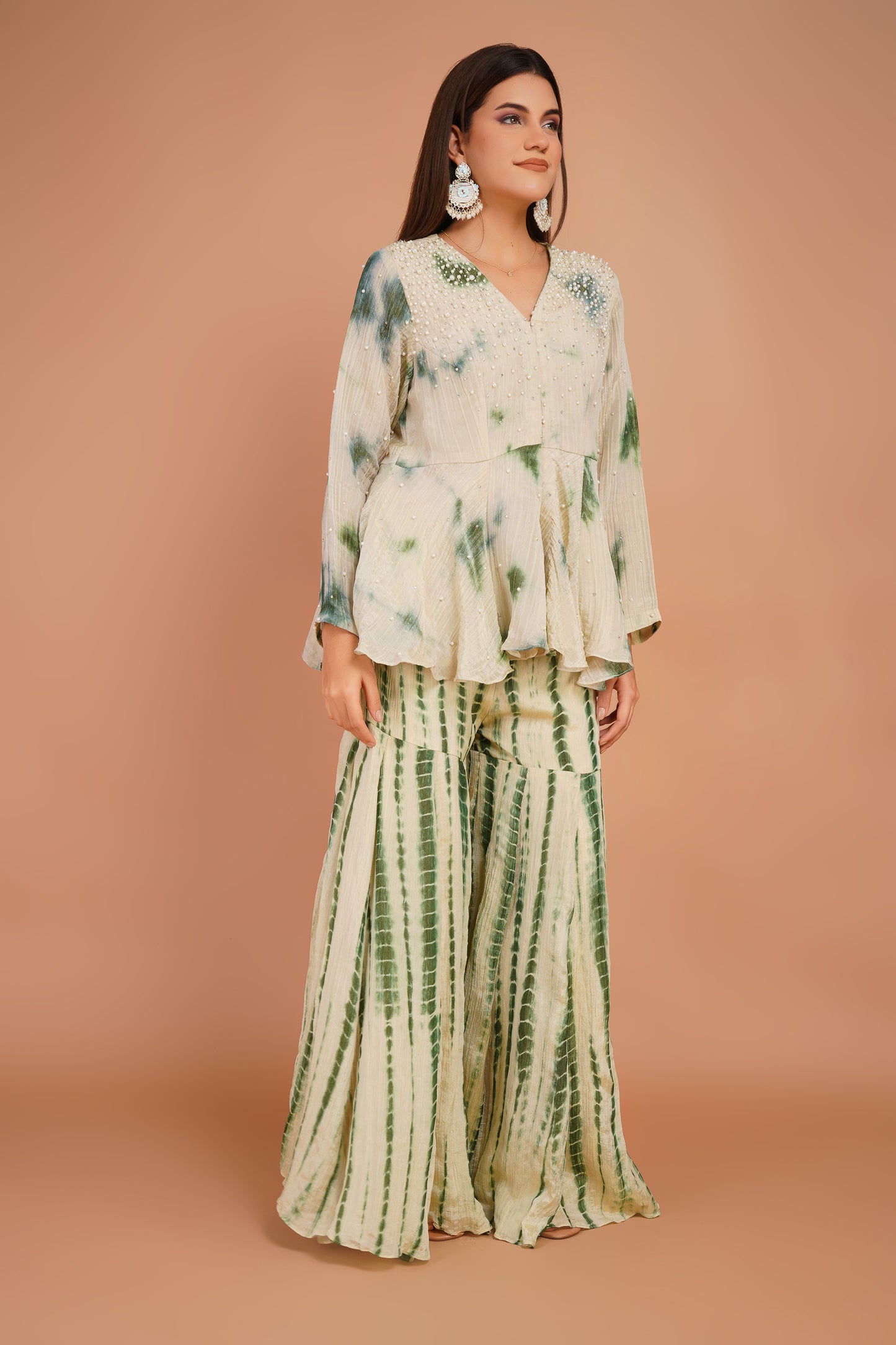 Ivory & Green Tie-Dye Peplum & Sharara Set