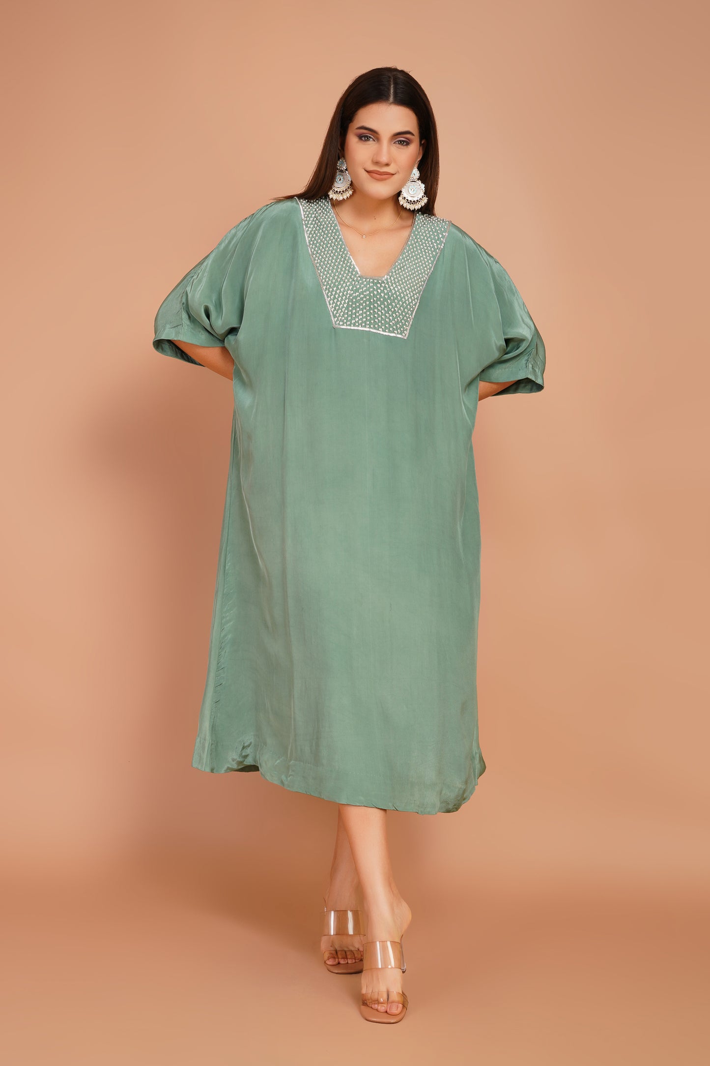 Green Neck Embroidered Kaftan