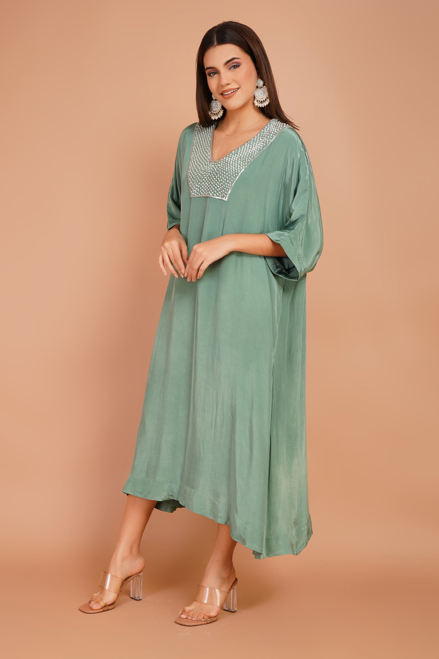 Green Neck Embroidered Kaftan