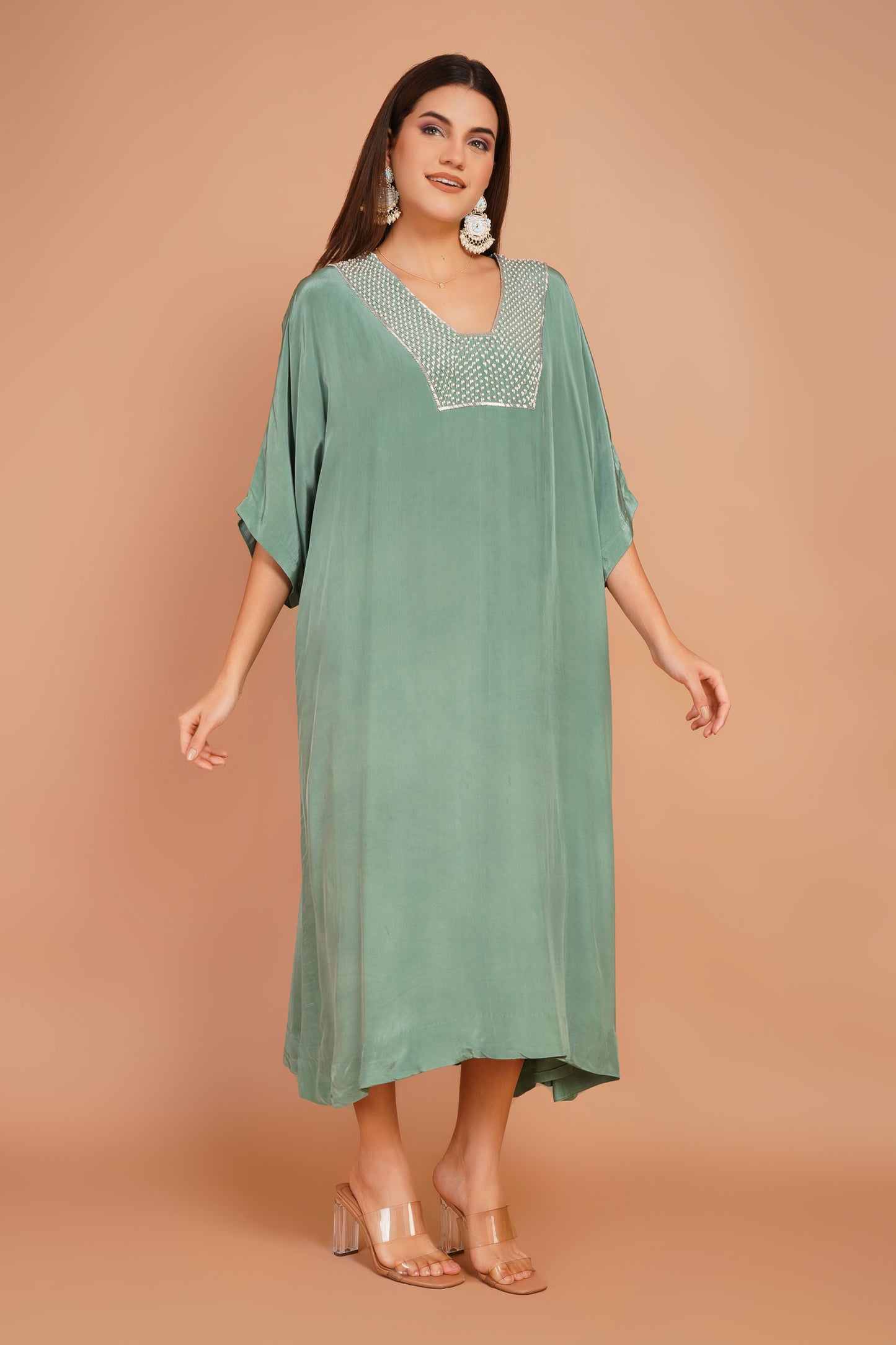 Green Neck Embroidered Kaftan