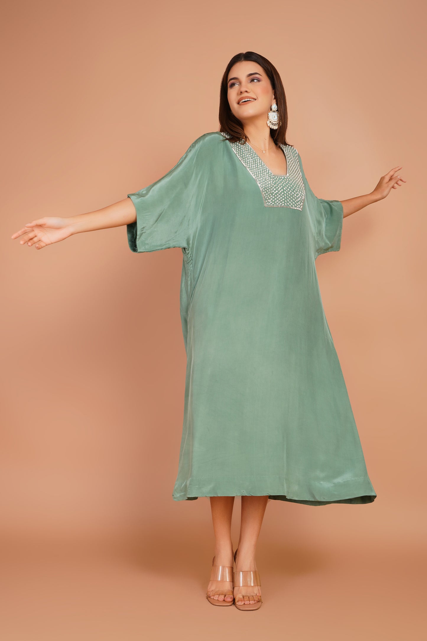 Green Neck Embroidered Kaftan