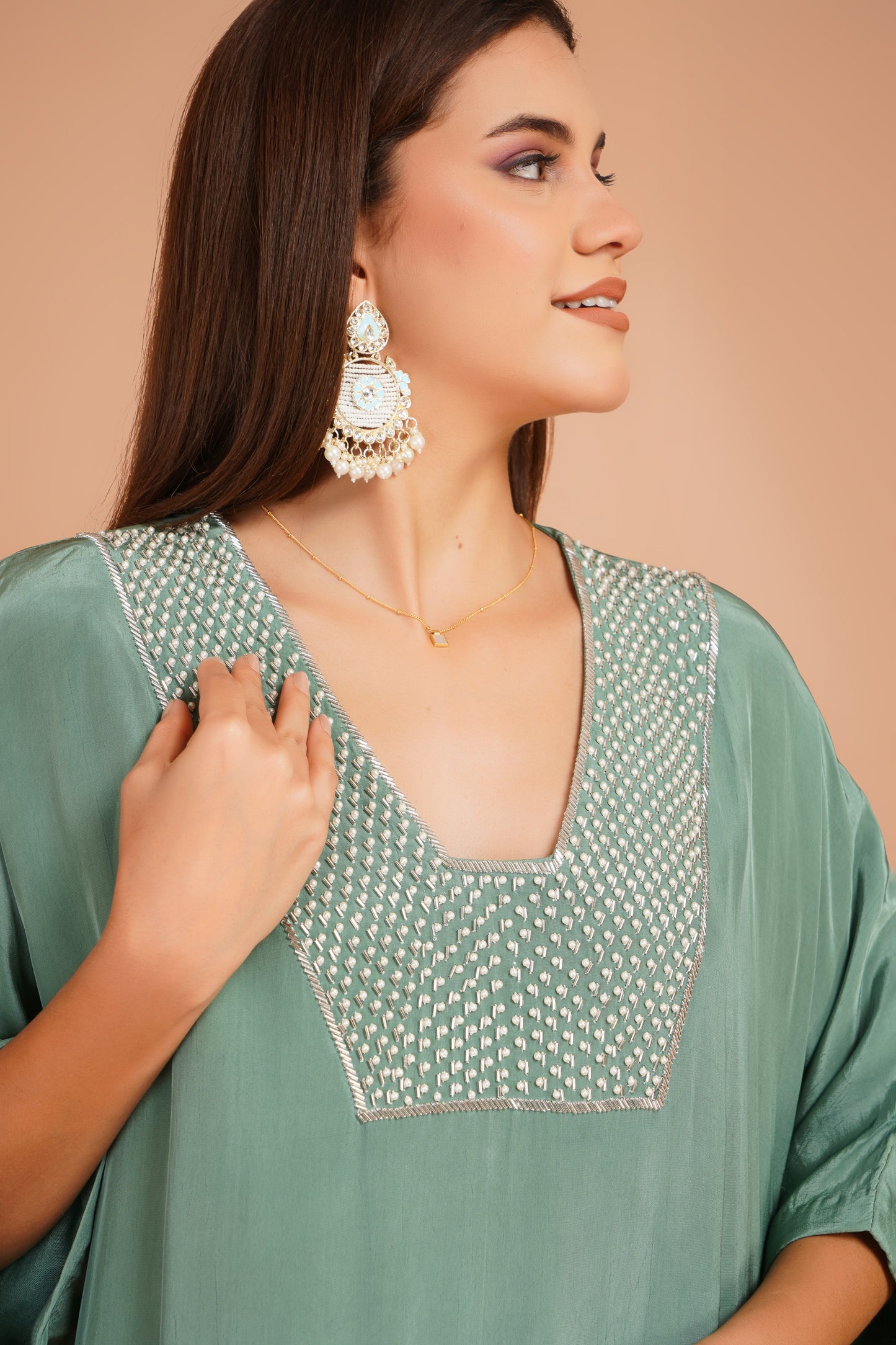 Green Neck Embroidered Kaftan
