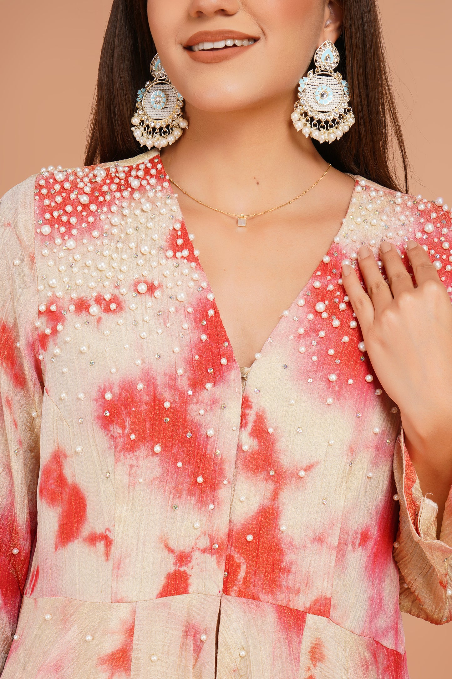 Ivory & Red Tie-Dye Peplum & Sharara Set