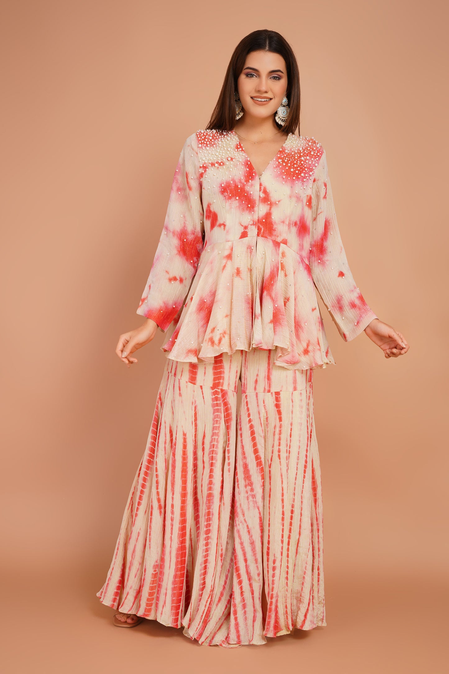 Ivory & Red Tie-Dye Peplum & Sharara Set