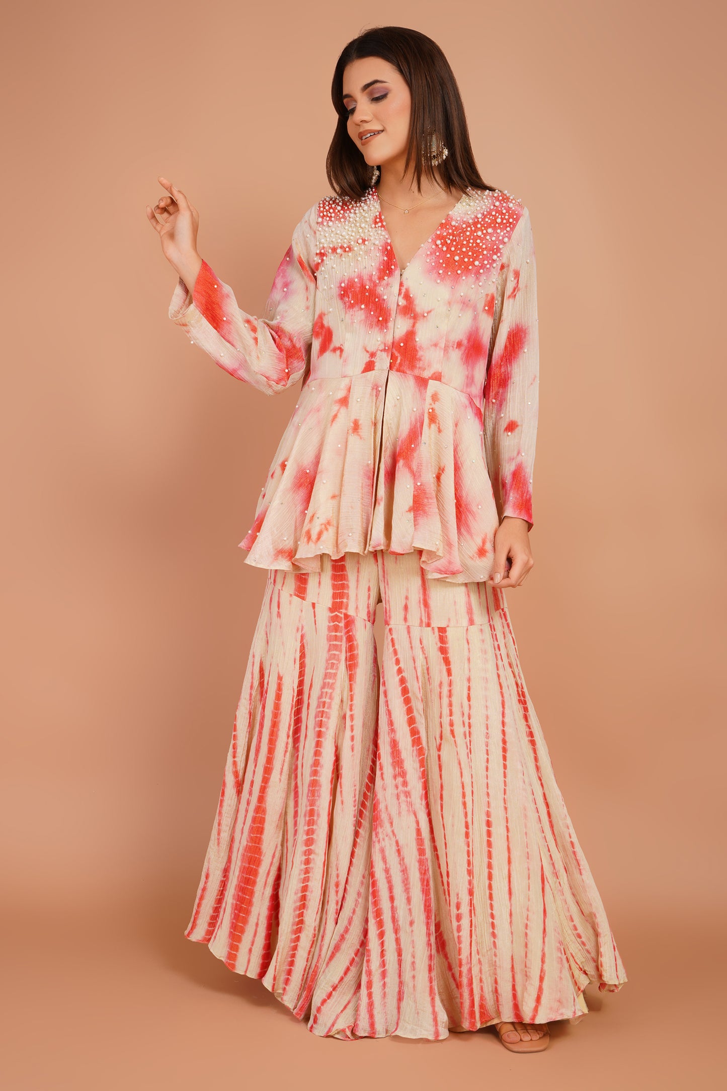 Ivory & Red Tie-Dye Peplum & Sharara Set