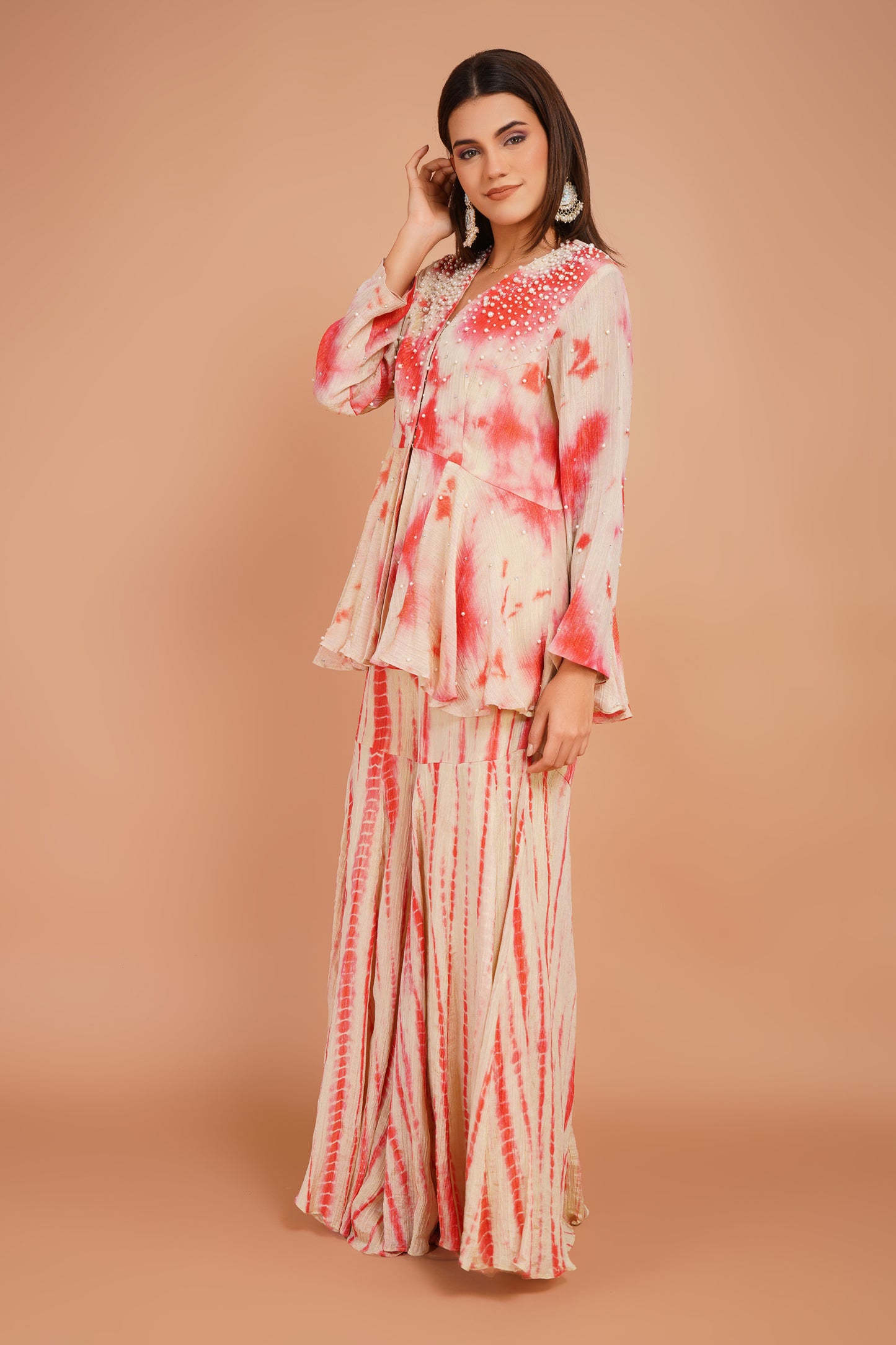 Ivory & Red Tie-Dye Peplum & Sharara Set