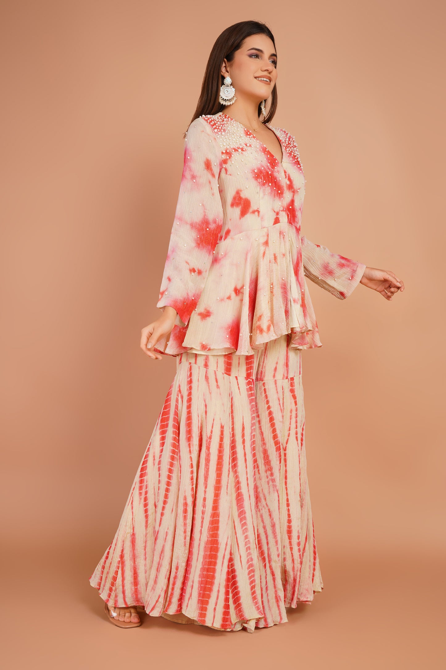 Ivory & Red Tie-Dye Peplum & Sharara Set