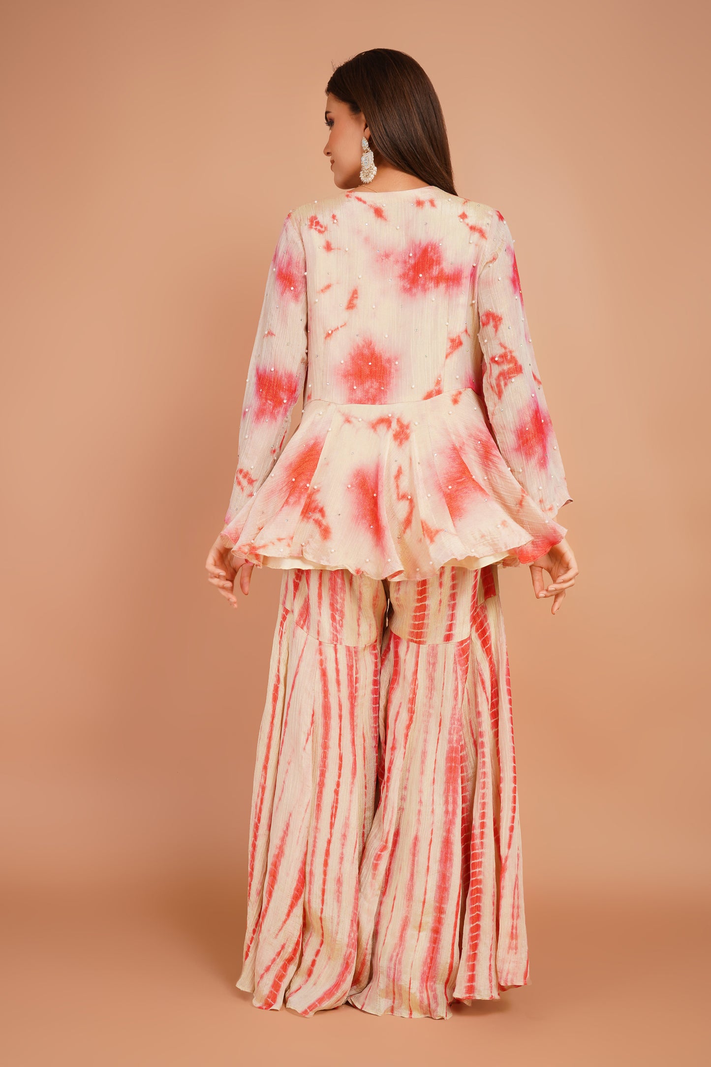 Ivory & Red Tie-Dye Peplum & Sharara Set