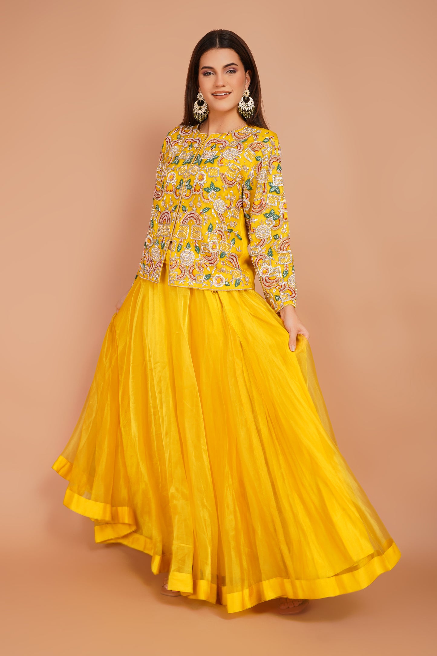 Sunlit Embroidered Jacket & Skirt Set – Festive Yellow