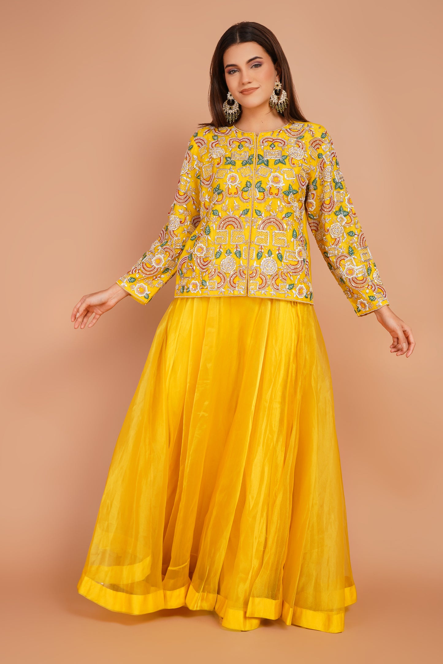 Sunlit Embroidered Jacket & Skirt Set – Festive Yellow