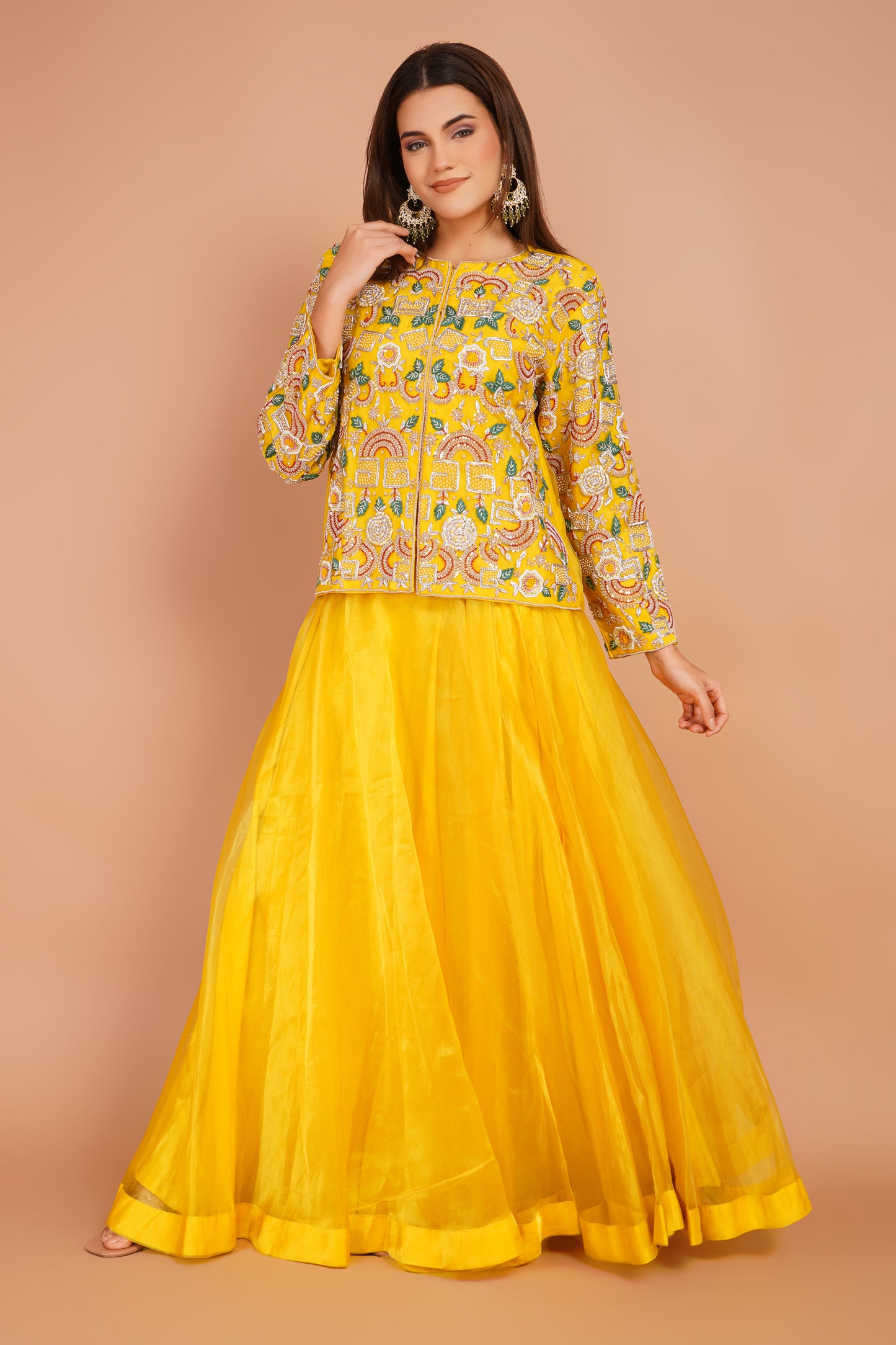 Sunlit Embroidered Jacket & Skirt Set – Festive Yellow