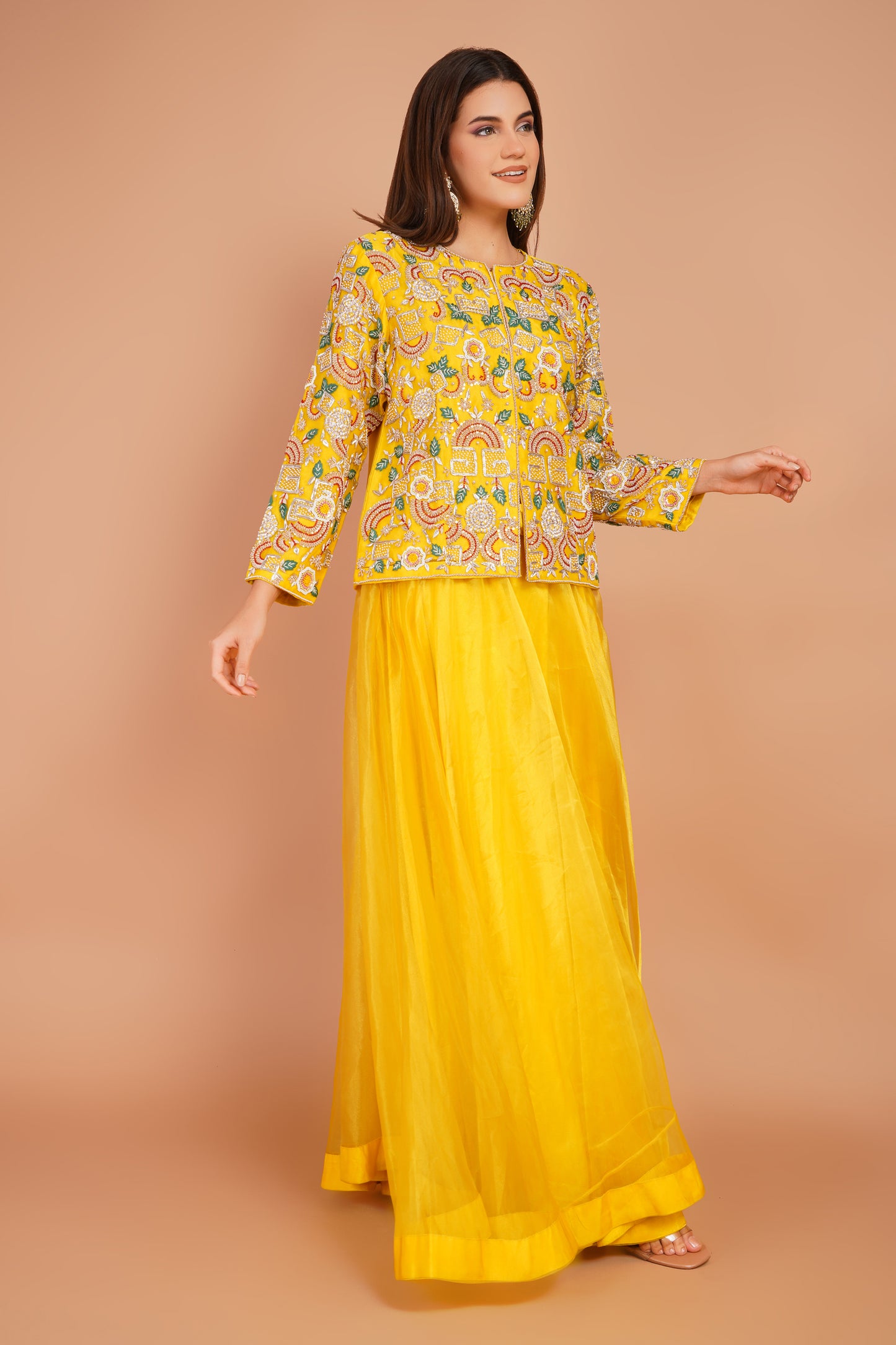 Sunlit Embroidered Jacket & Skirt Set – Festive Yellow