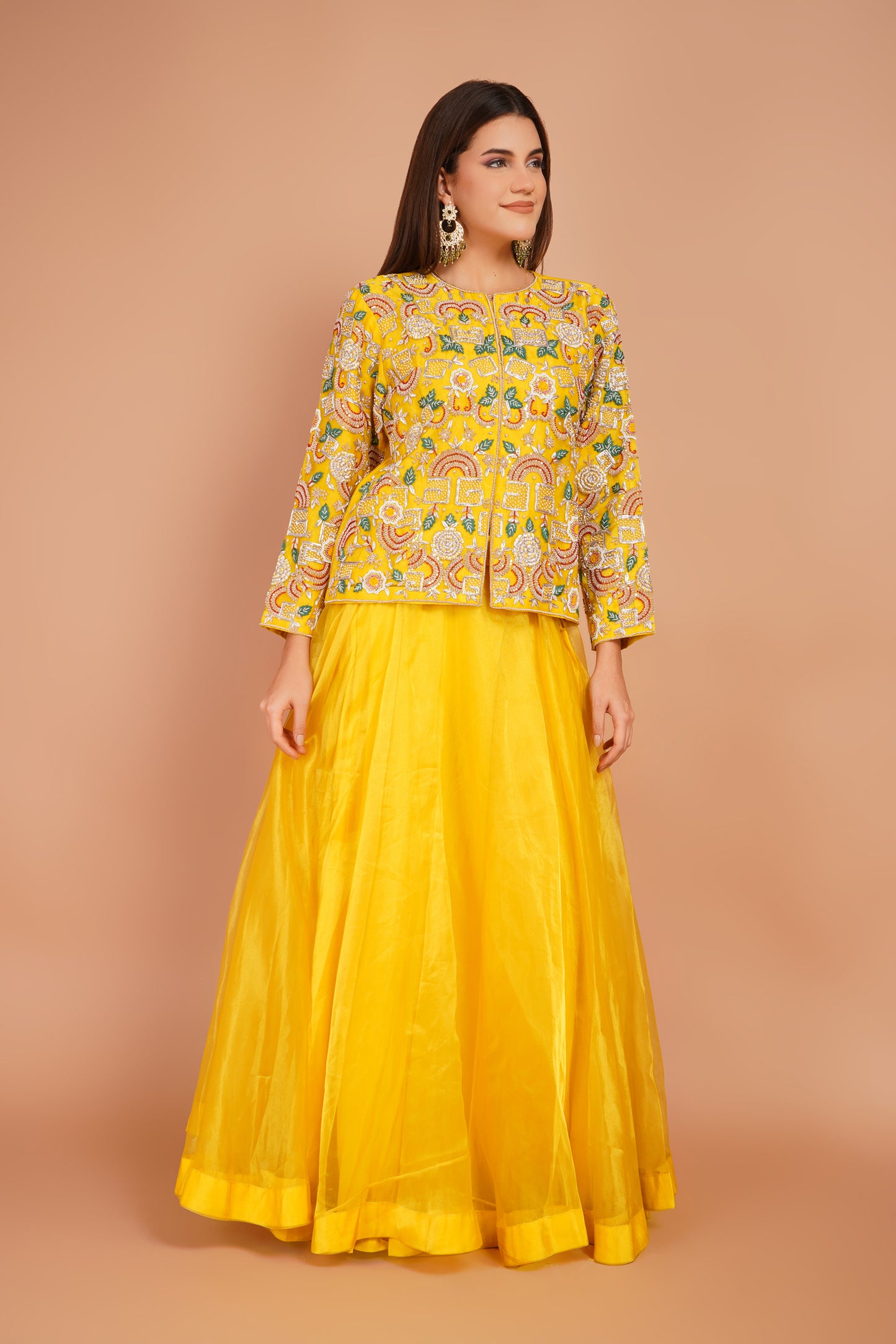 Sunlit Embroidered Jacket & Skirt Set – Festive Yellow
