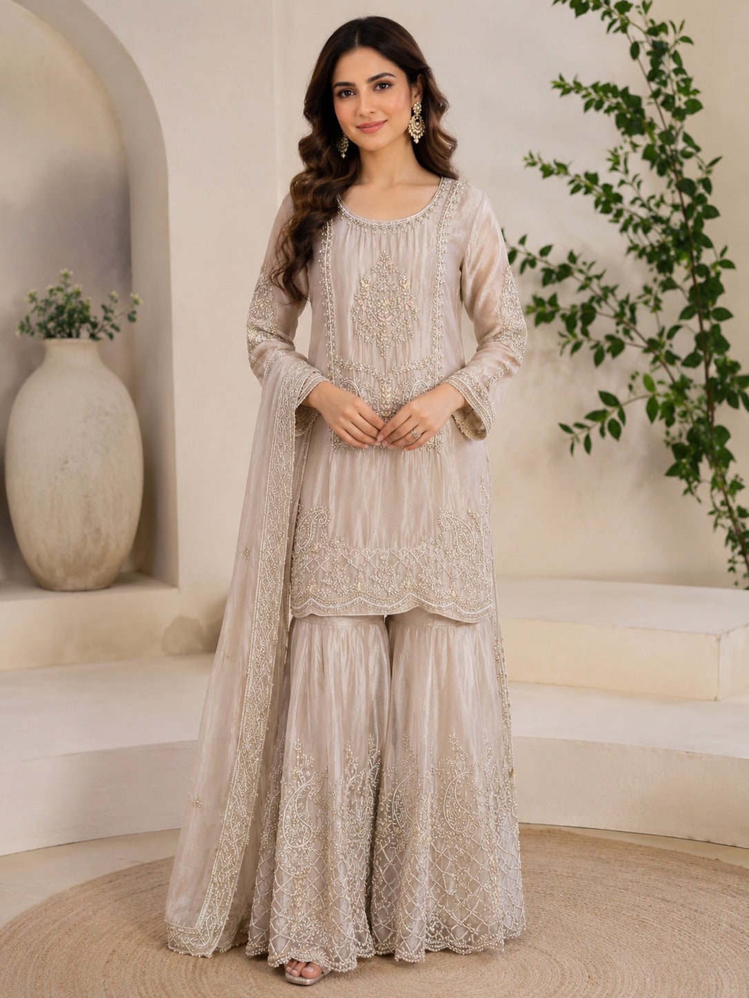 Women's Luxury Embroidered Beige Pakistani Suit Set with Sharara & Dupatta