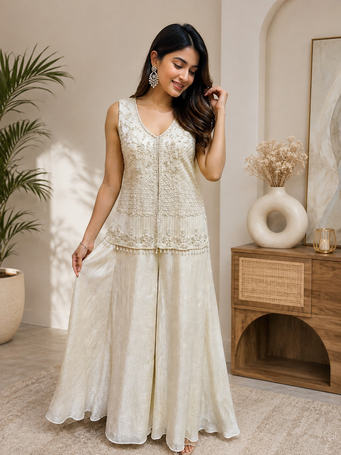 Women's Elegant Ivory Embroidered Sleeveless Kurta with Palazzo Set