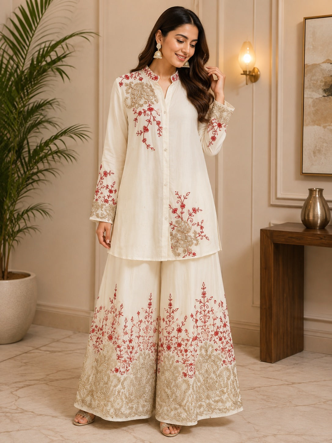 Ivory Embroidered Kurta & Palazzo Set